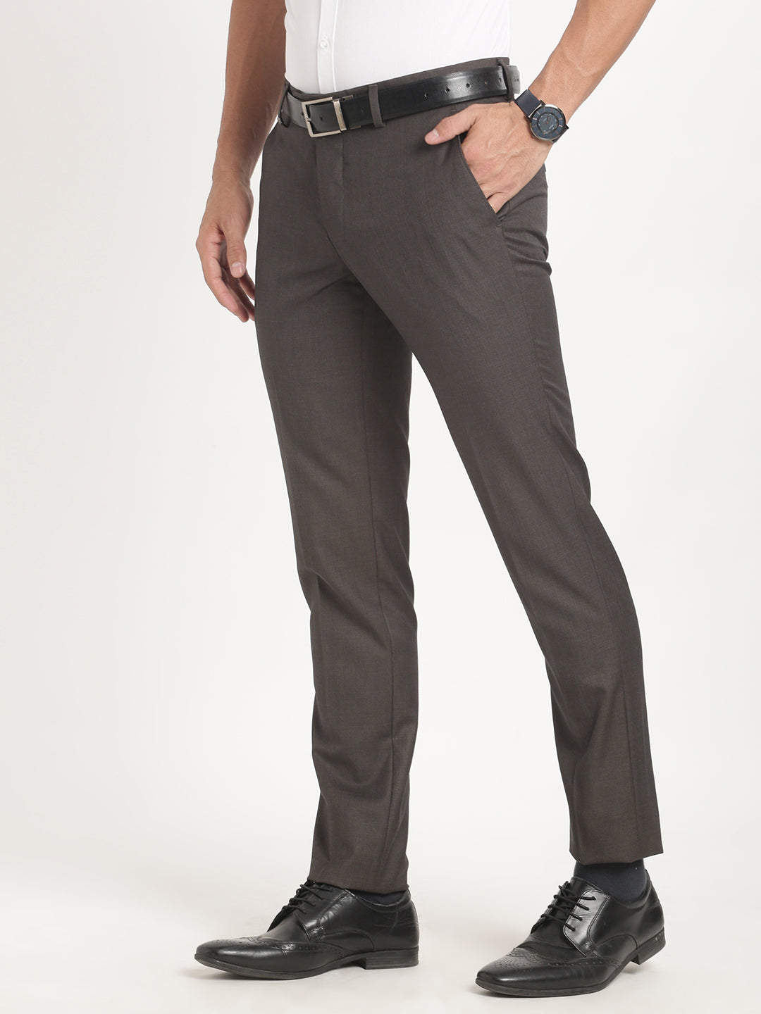 Terry Rayon Brown Plain Slim Fit Flat Front Formal Trouser