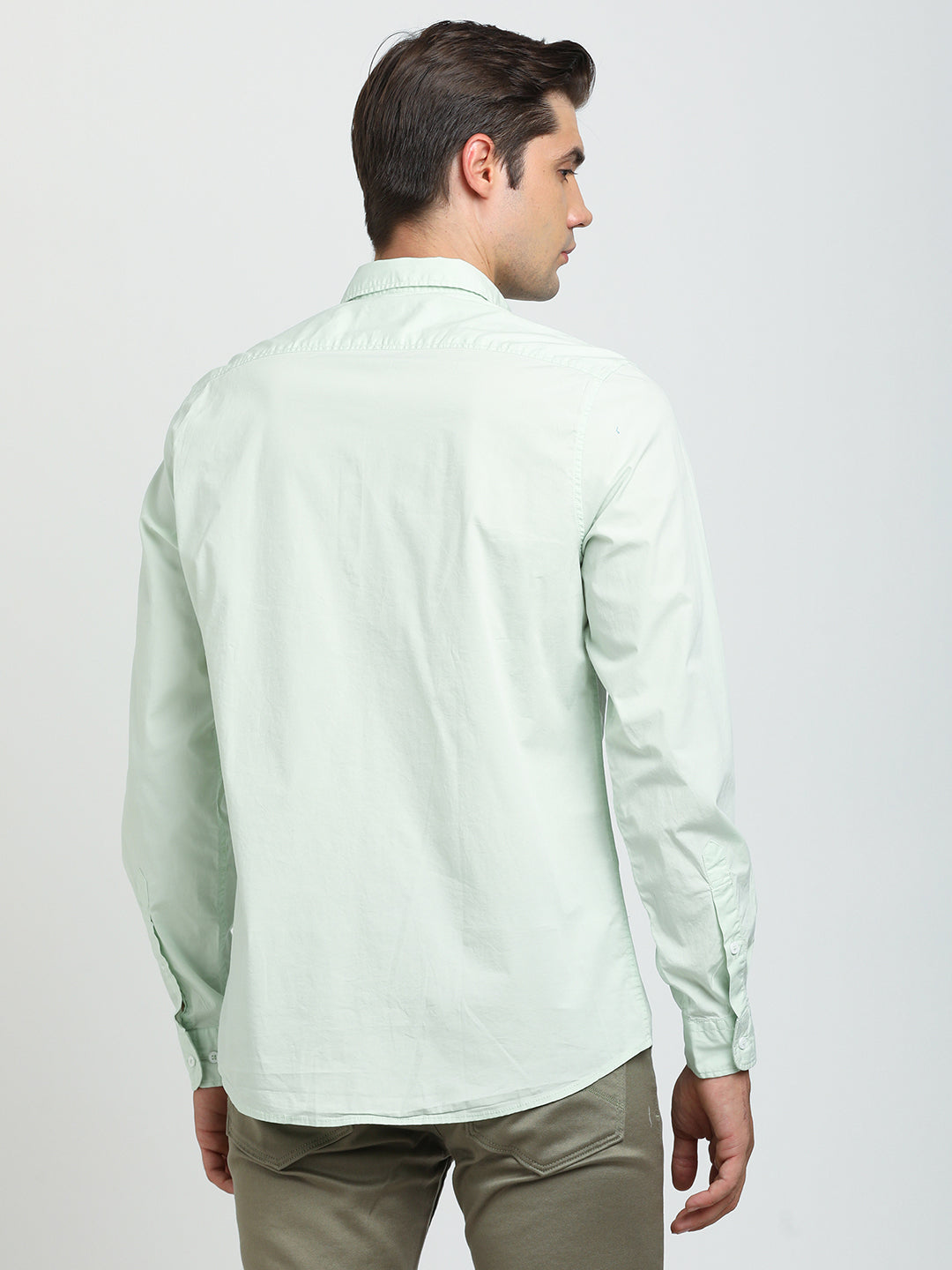 Cotton Stretch Pista Green Plain Slim Fit Full Sleeve Casual Shirt