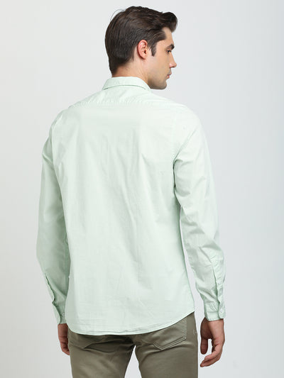 Cotton Stretch Pista Green Plain Slim Fit Full Sleeve Casual Shirt