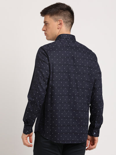 Cotton Tencel Navy Blue Printed Slim Fit Full Sleeve Formal Shirt