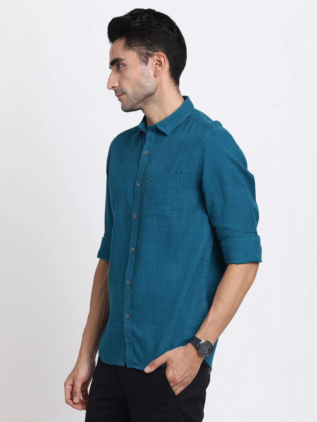 Cotton Lyocell Teal Blue Plain Slim Fit Full Sleeve Casual Shirt