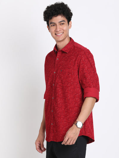 100% Cotton Red Printed Slim Fit Full Sleeve Casual Shirt