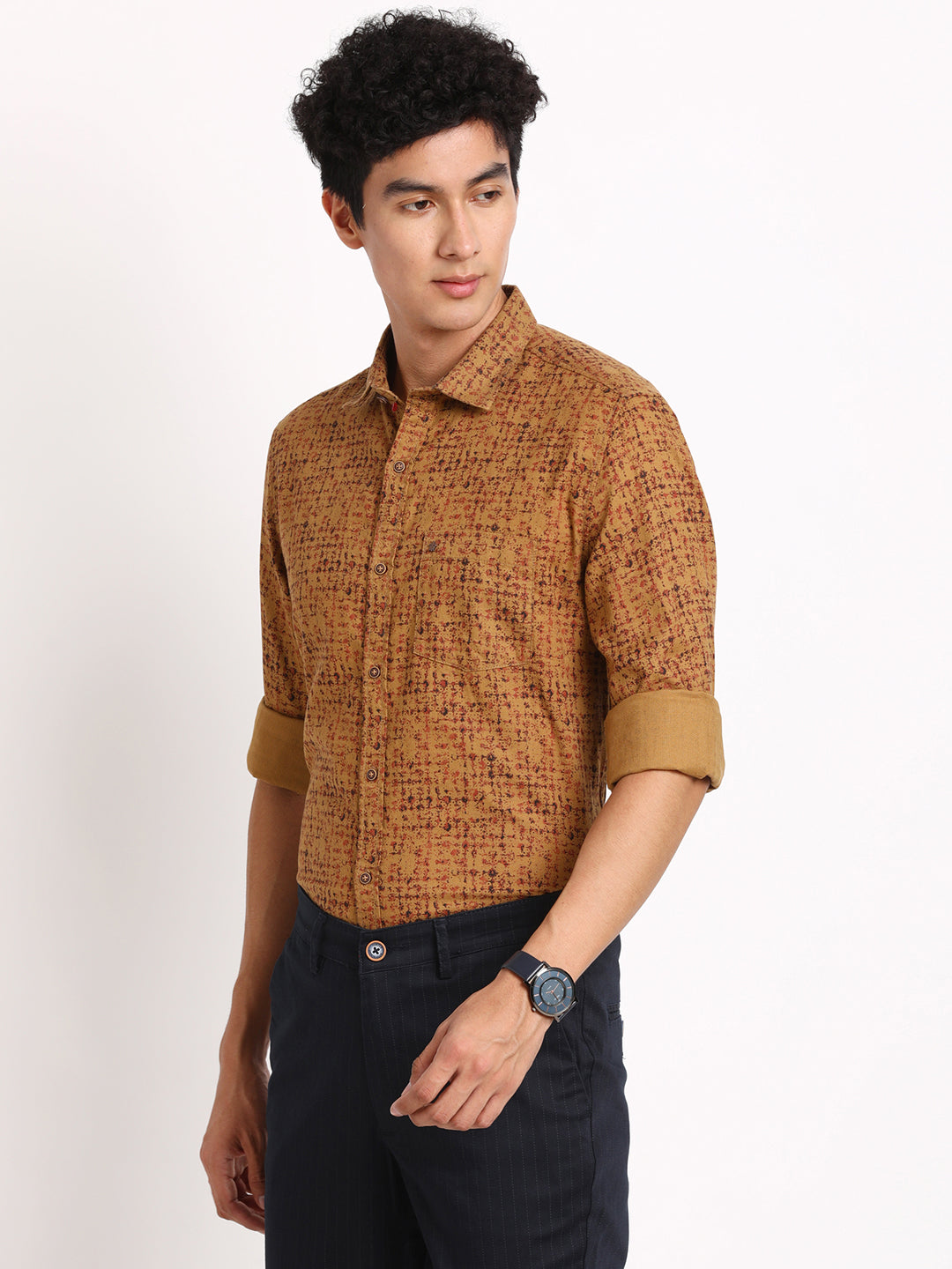 100% Cotton Khaki Printed Slim Fit Full Sleeve Casual Shirt