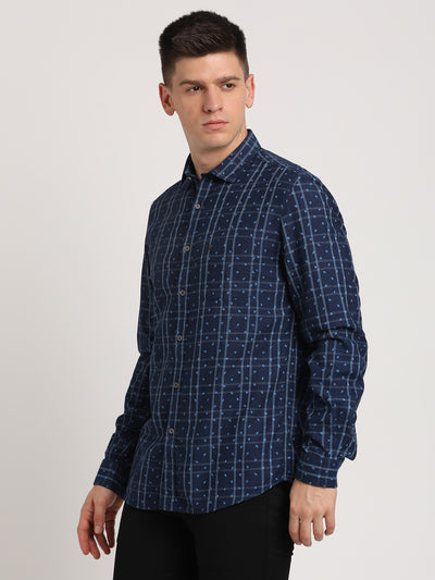 100% Cotton Indigo Blue Printed Slim Fit Full Sleeve Casual Shirt