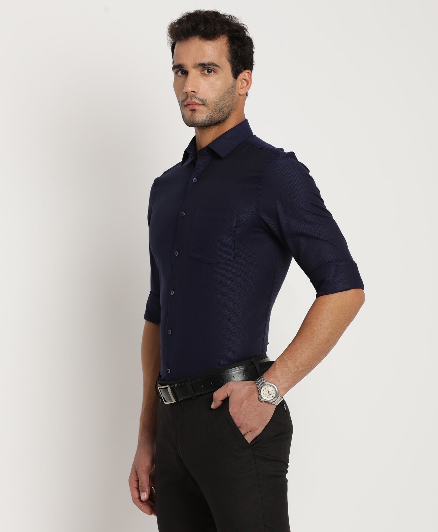 Giza Cotton Navy Blue Dobby Slim Fit Full Sleeve Formal Shirt