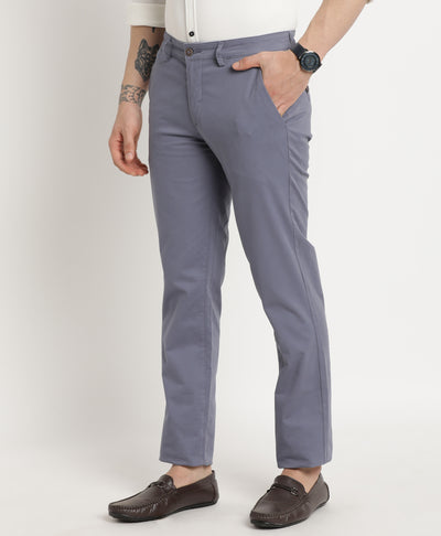 Cotton Stretch Steel Grey Plain Ultra Slim Fit Flat Front Casual Trouser