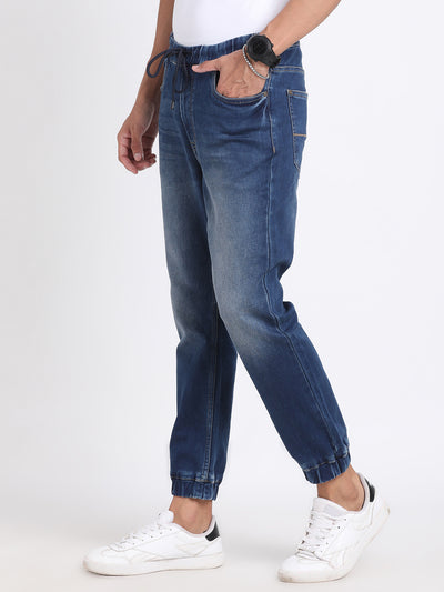 Cotton Stretch Navy Blue Plain Flat Front Casual Jogger Jeans