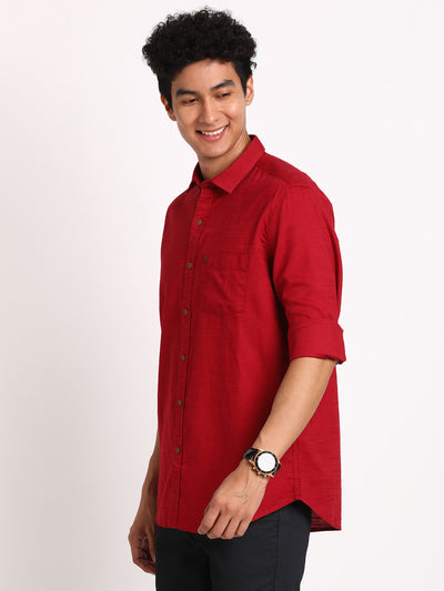 100% Cotton Red Plain Slim Fit Full Sleeve Casual Shirt