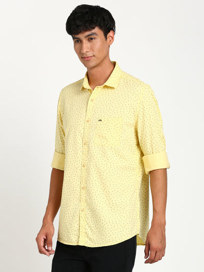 Cotton Tencel Yellow Printed Slim Fit Full Sleeve Casual Shirt