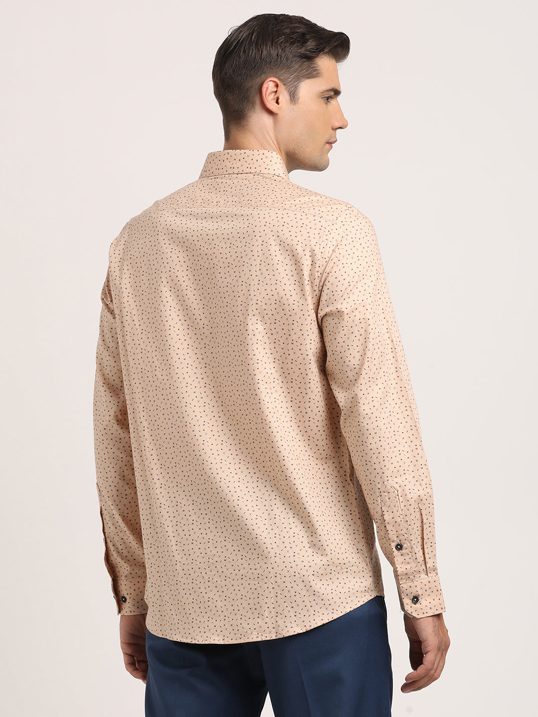 100% Cotton Beige Printed Slim Fit Full Sleeve Formal Shirt