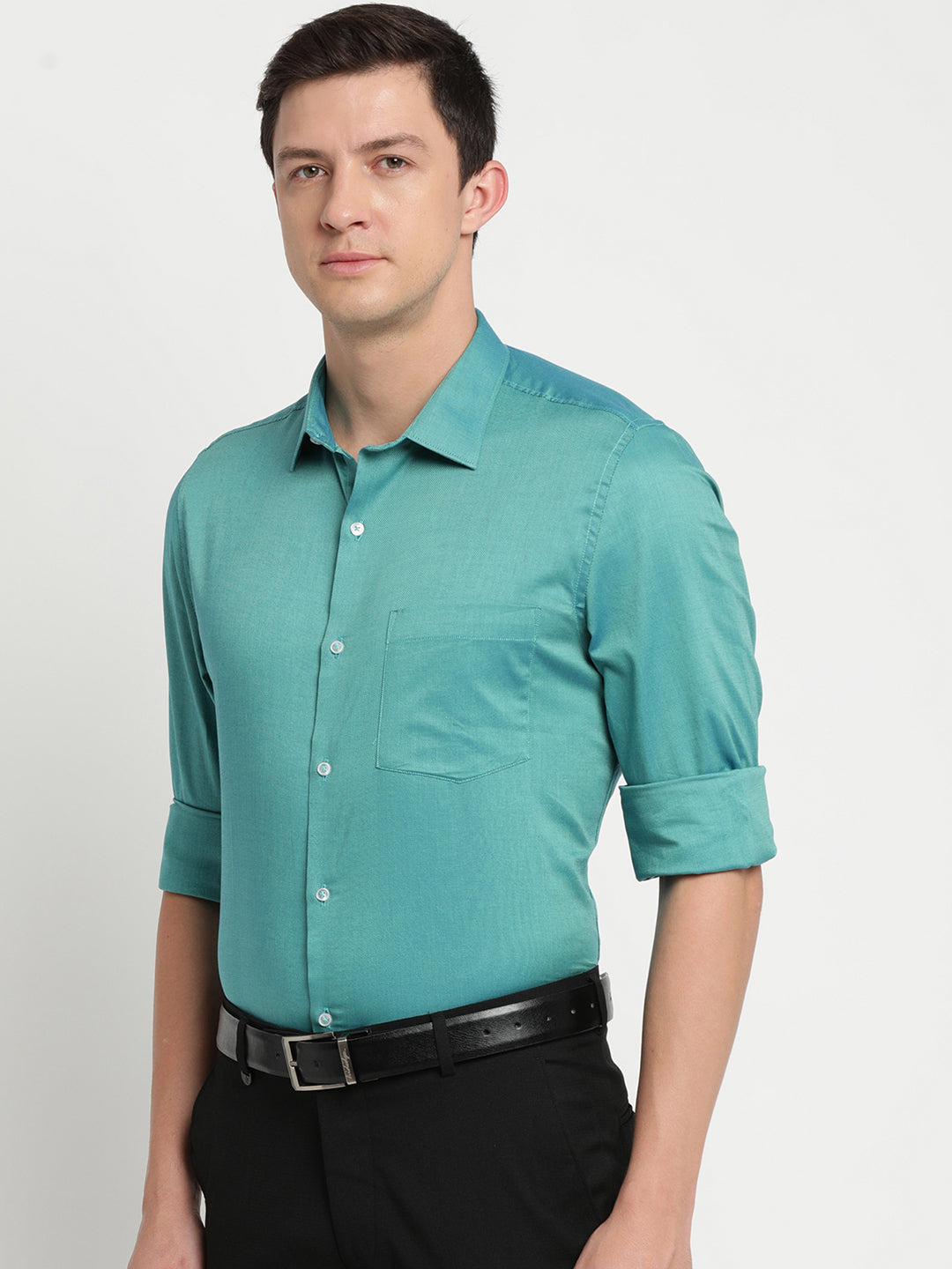 100% Cotton Teal Dobby Slim Fit Full Sleeve Formal Shirt