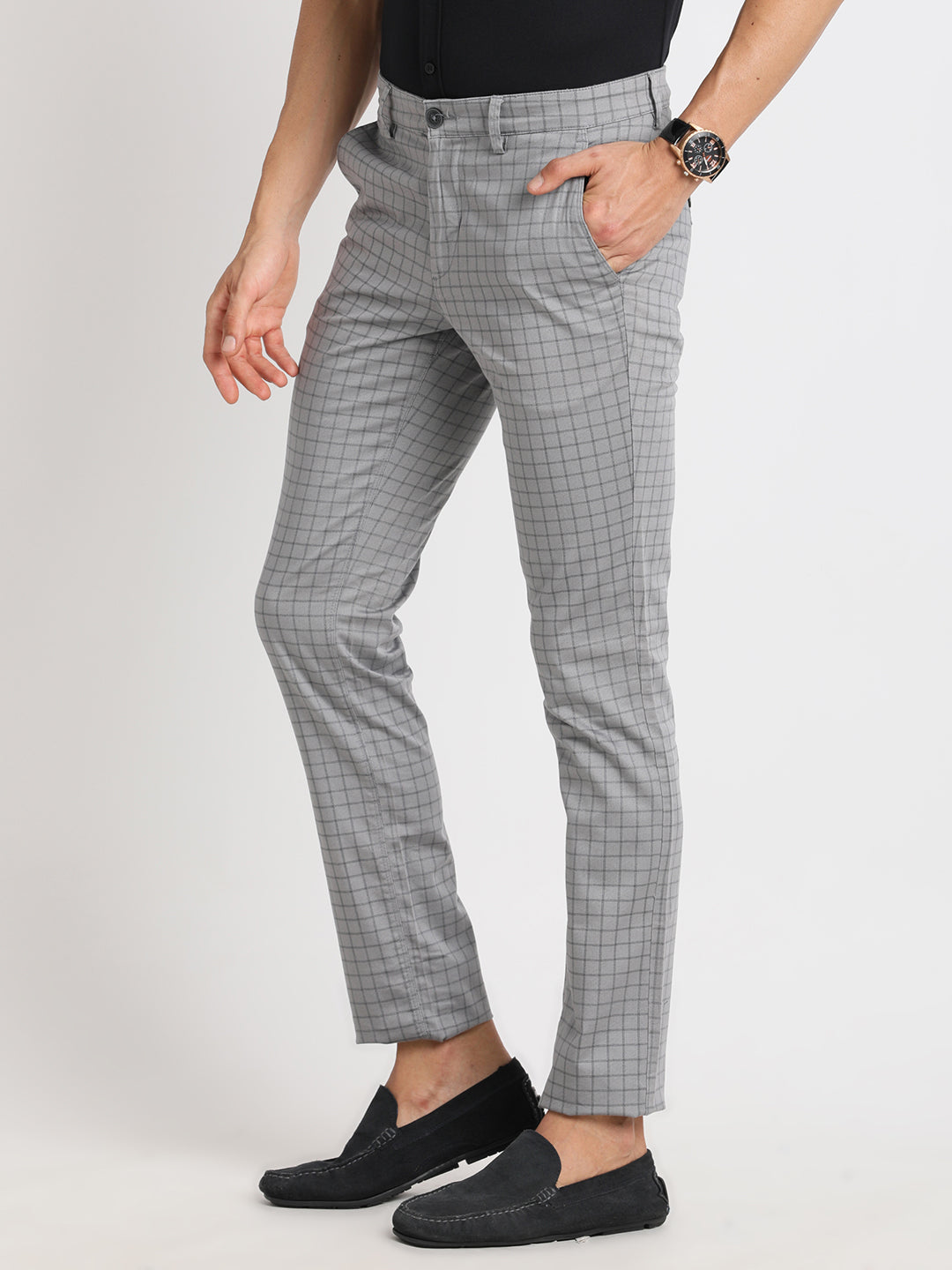 Cotton Stretch Grey Checkered Narrow Fit Flat Front Casual Trouser