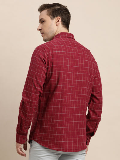 100% Cotton Maroon Checkered Slim Fit Full Sleeve Casual Shirt