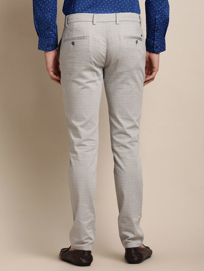 Cotton Stretch Grey Printed Narrow Fit Flat Front Casual Trouser