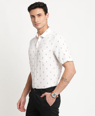 Cotton Linen White Printed Slim Fit Half Sleeve Casual Shirt