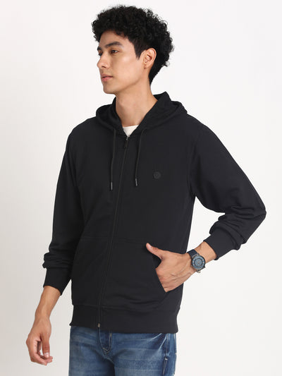 Essential Poly Cotton Black Plain Regular Fit Full Sleeve Casual Hooded Sweatshirt