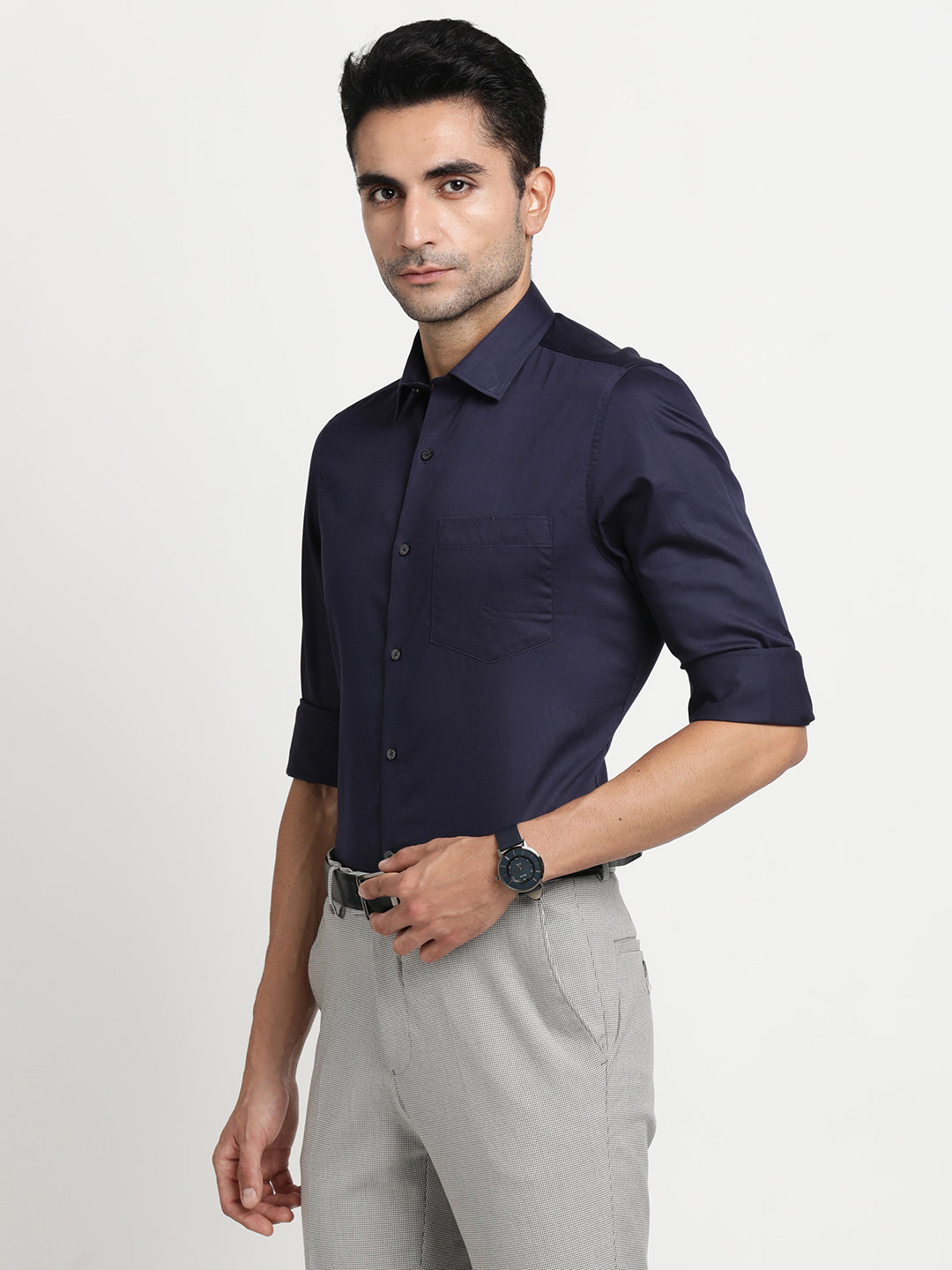 100% Cotton Navy Blue Plain Slim Fit Full Sleeve Formal Shirt