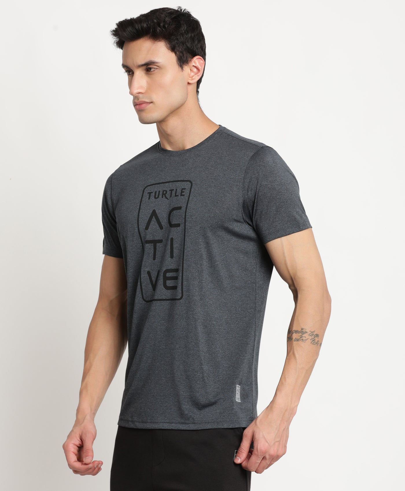 Polyester Charcoal Grey Printed Crew Neck Half Sleeve Active T-Shirt
