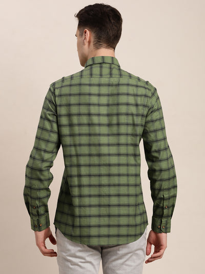 100% Cotton Green Checkered Slim Fit Full Sleeve Casual Shirt