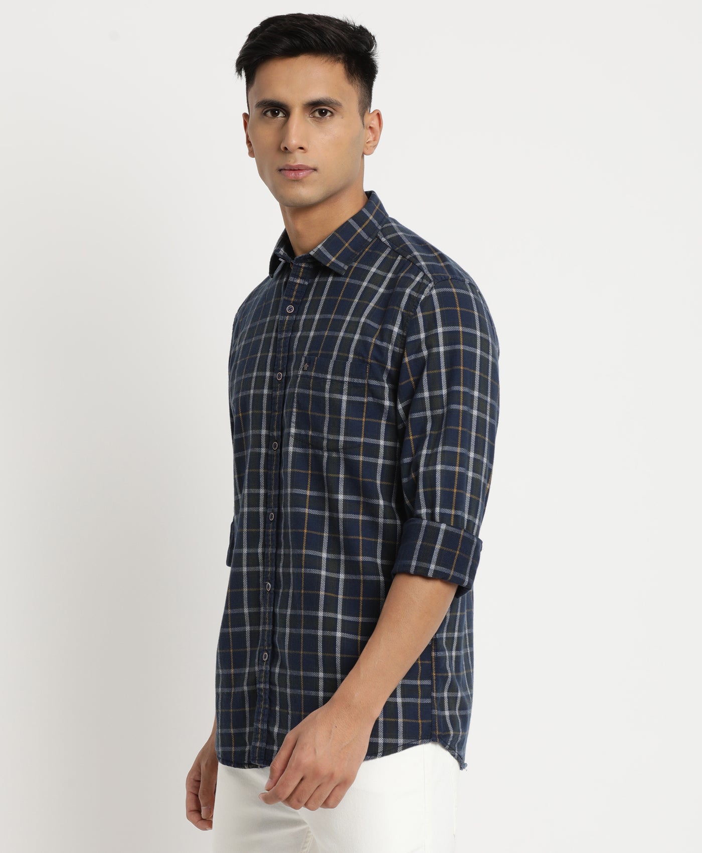 Cord Navy Blue Checkered Slim Fit Full Sleeve Casual Shirt