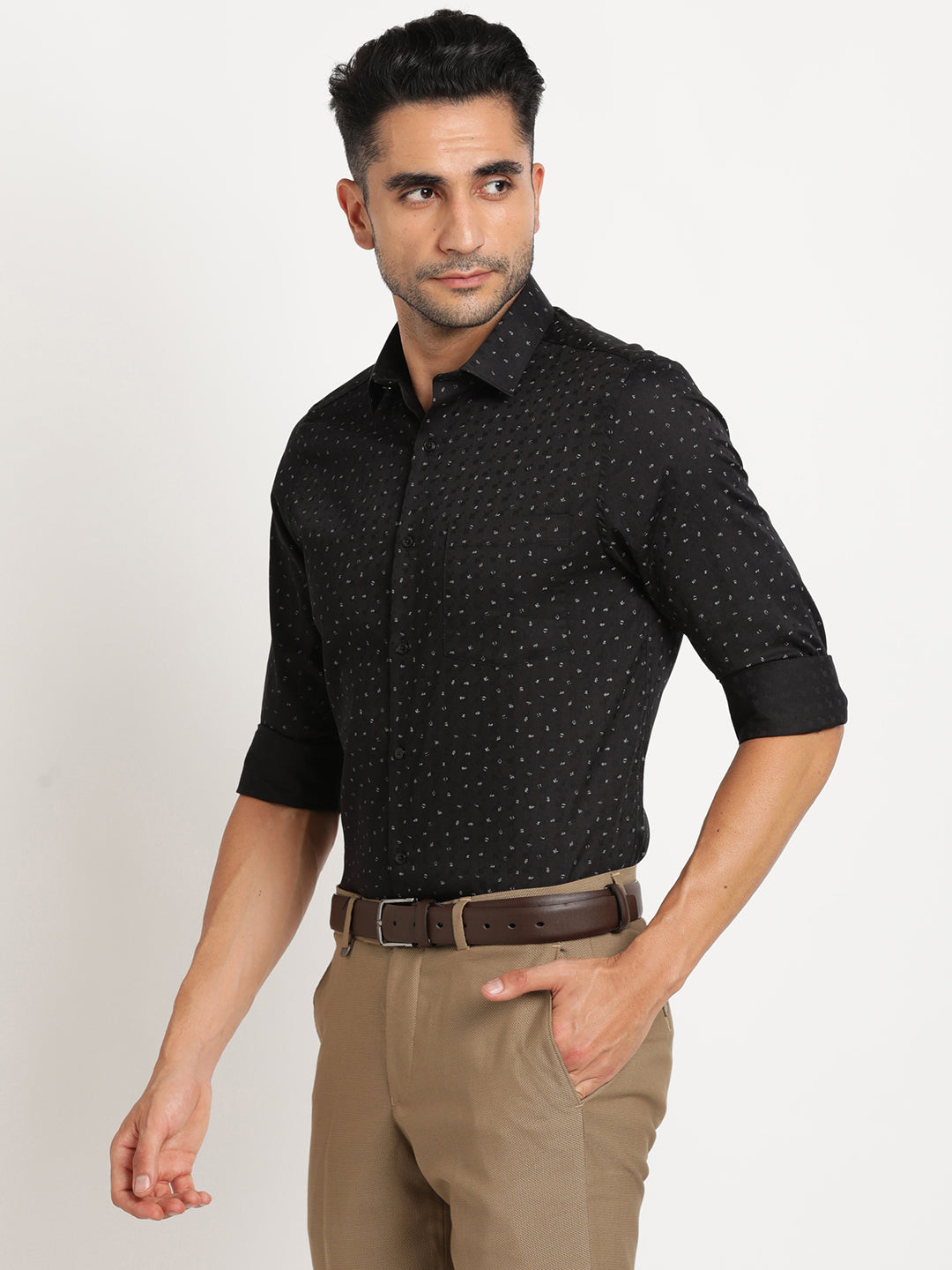 100% Cotton Black Printed Slim Fit Full Sleeve Formal Shirt