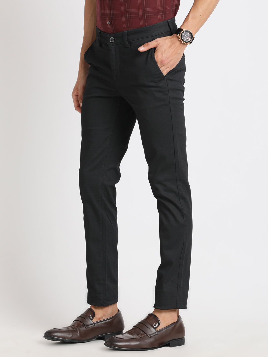 100% Cotton Black Plain Narrow Fit Flat Front Casual Trouser