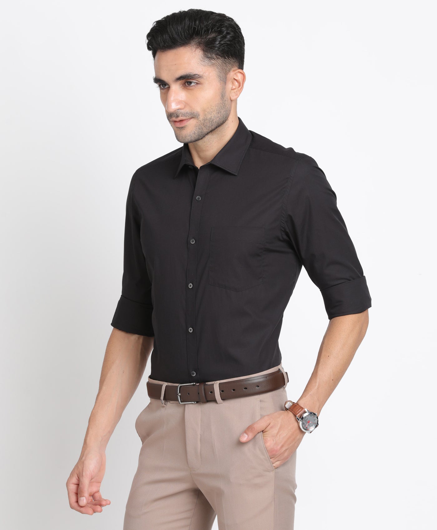 100% Cotton Black Plain Slim Fit Full Sleeve Formal Shirt