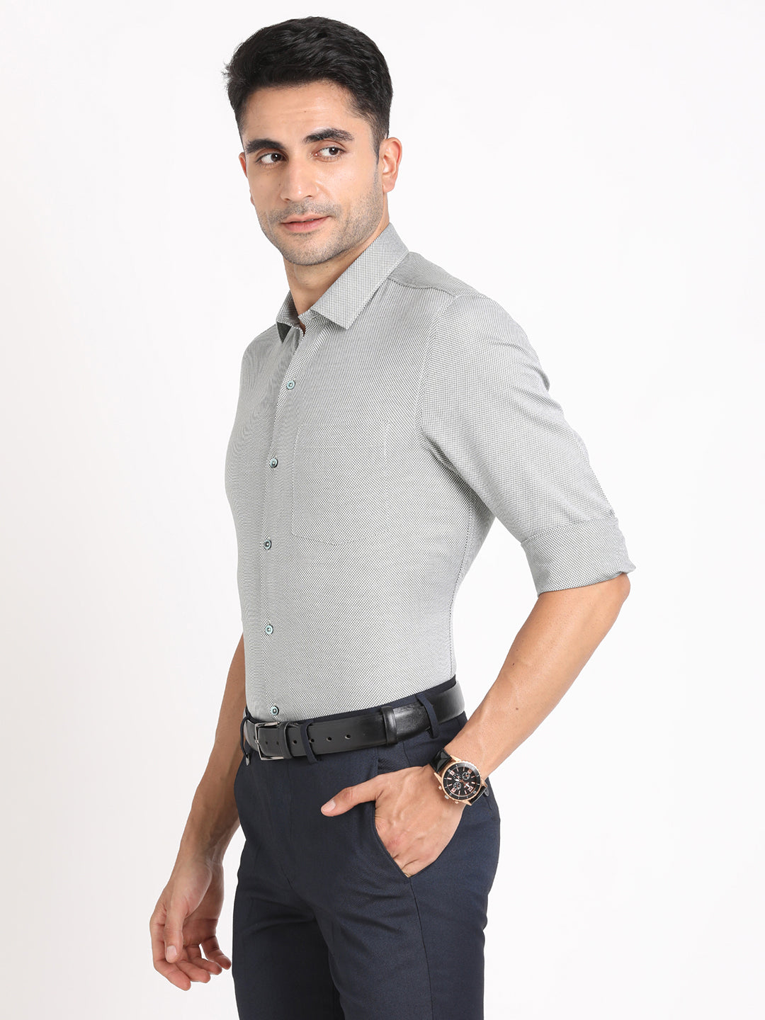 100% Cotton Grey Dobby Slim Fit Full Sleeve Formal Shirt