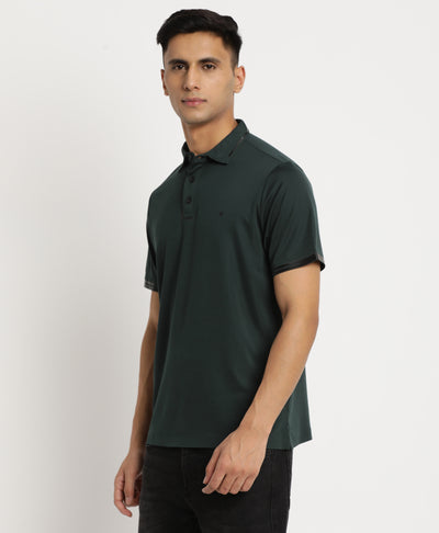 Cotton Dark Green Printed Polo Neck T-Shirt