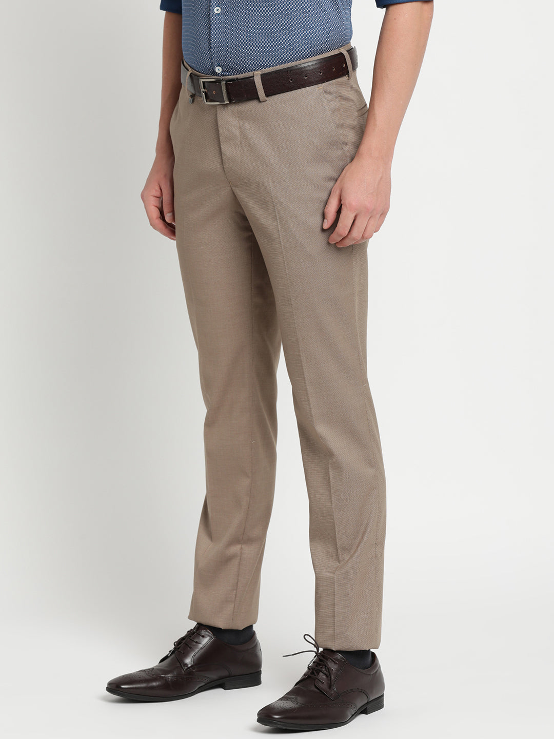 Terry Rayon Khaki Plain Slim Fit Flat Front Formal Trouser