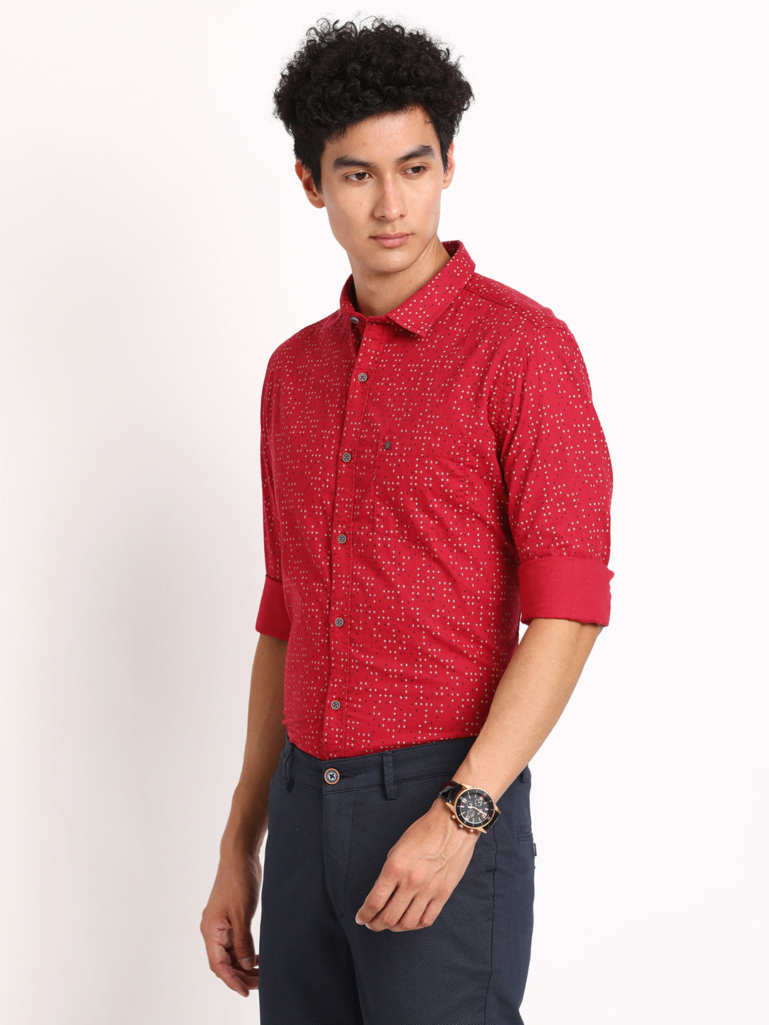 100% Cotton Red Printed Slim Fit Full Sleeve Casual Shirt