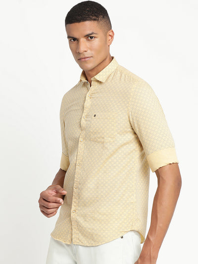 Cotton Linen Beige Printed Slim Fit Full Sleeve Casual Shirt