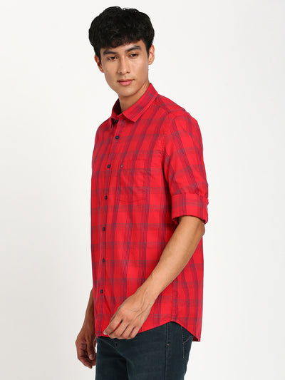 100% Cotton Red Checkered Slim Fit Full Sleeve Casual Shirt