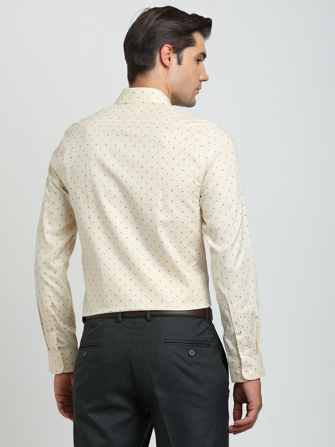 100% Cotton Beige Printed Slim Fit Full Sleeve Formal Shirt