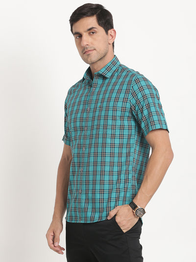 100% Cotton Green Checkered Slim Fit Half Sleeve Casual Shirt