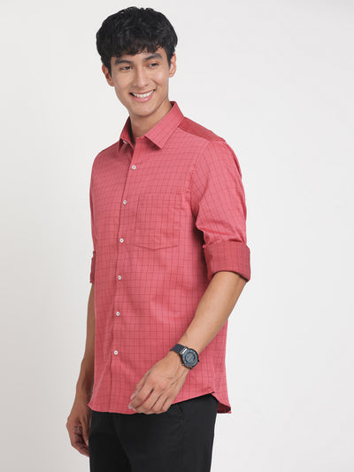 100% Cotton Red Checkered Slim Fit Full Sleeve Formal Shirt