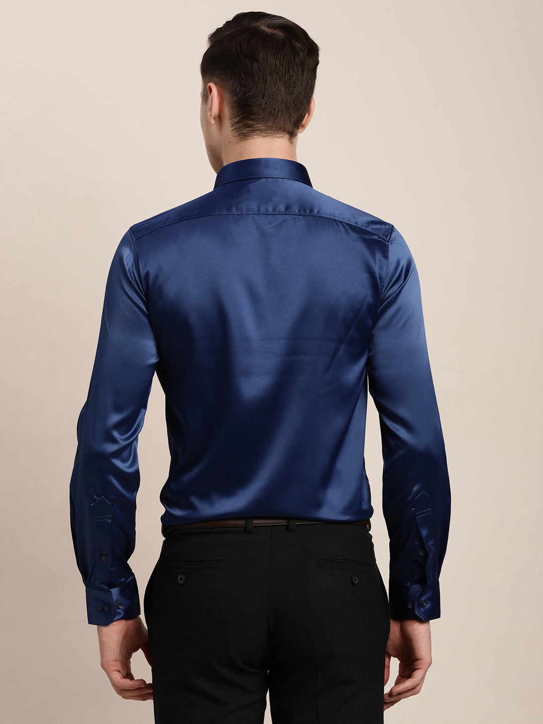 Poly Satin Blue Plain Regular Fit Full Sleeve Ceremonial Shirt