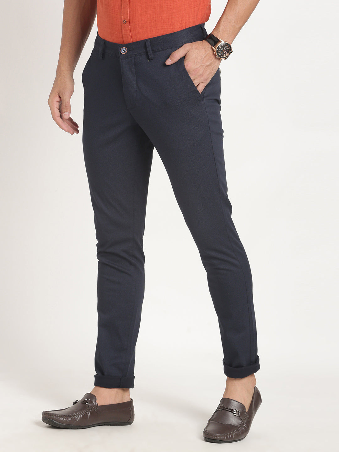 Cotton Stretch Navy Blue Checkered Narrow Fit Flat Front Casual Trouser