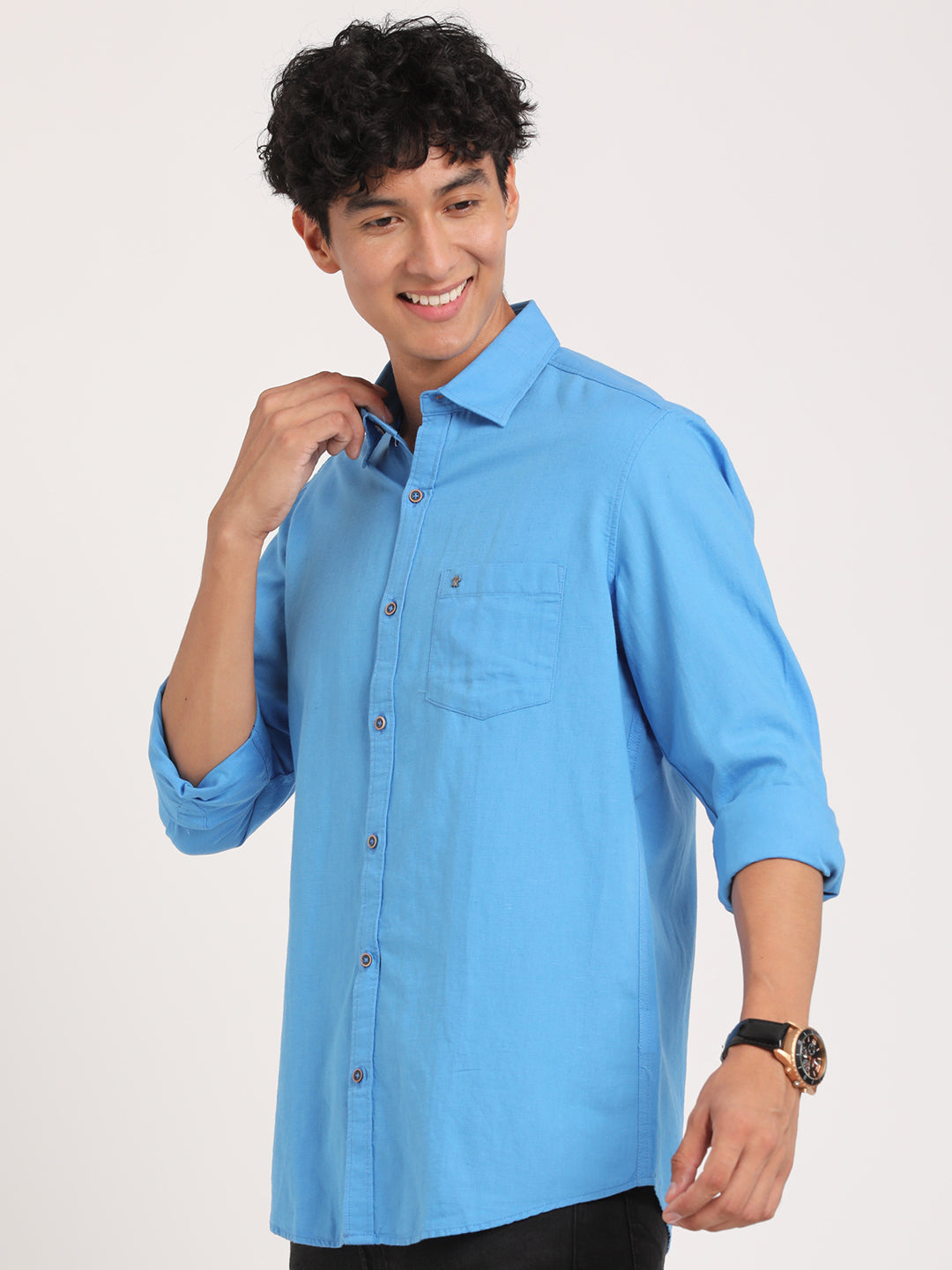 Cotton Linen Blue Plain Slim Fit Full Sleeve Casual Shirt