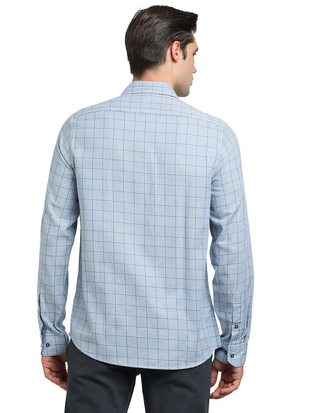 100% Cotton Light Blue Checkered Slim Fit Full Sleeve Casual Shirt