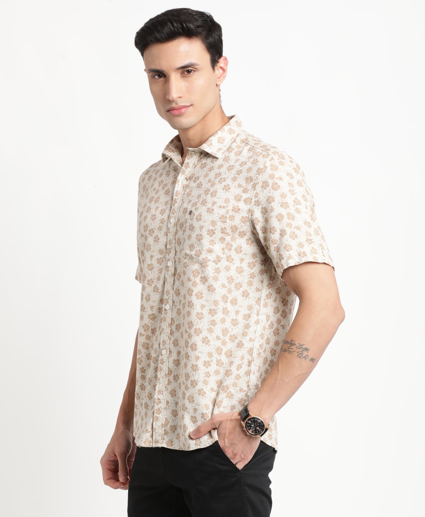 Excel Linen Beige Printed Slim Fit Half Sleeve Casual Shirt