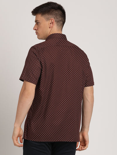 100% Cotton Brown Printed Regular Fit Half Sleeve Formal Shirt