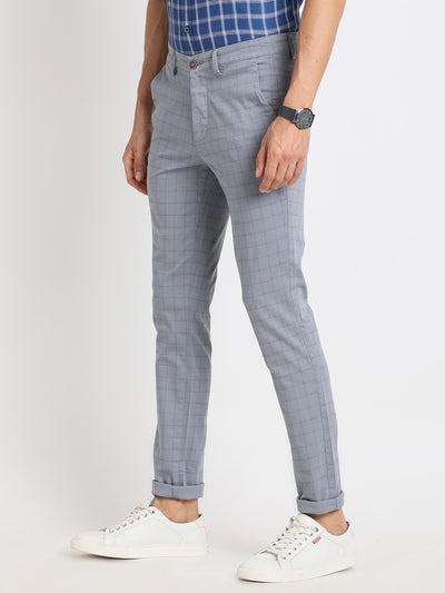 Cotton Stretch Grey Checkered Narrow Fit Flat Front Casual Trouser