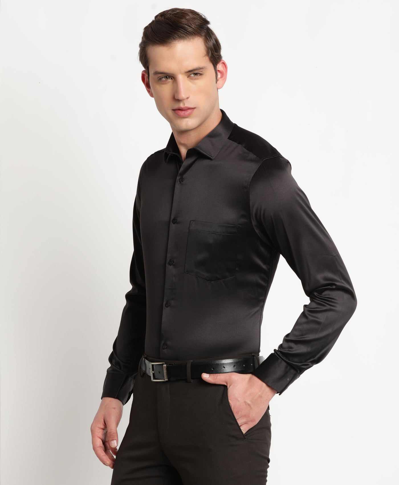Poly Satin Black Plain Slim Fit Full Sleeve Ceremonial Shirt