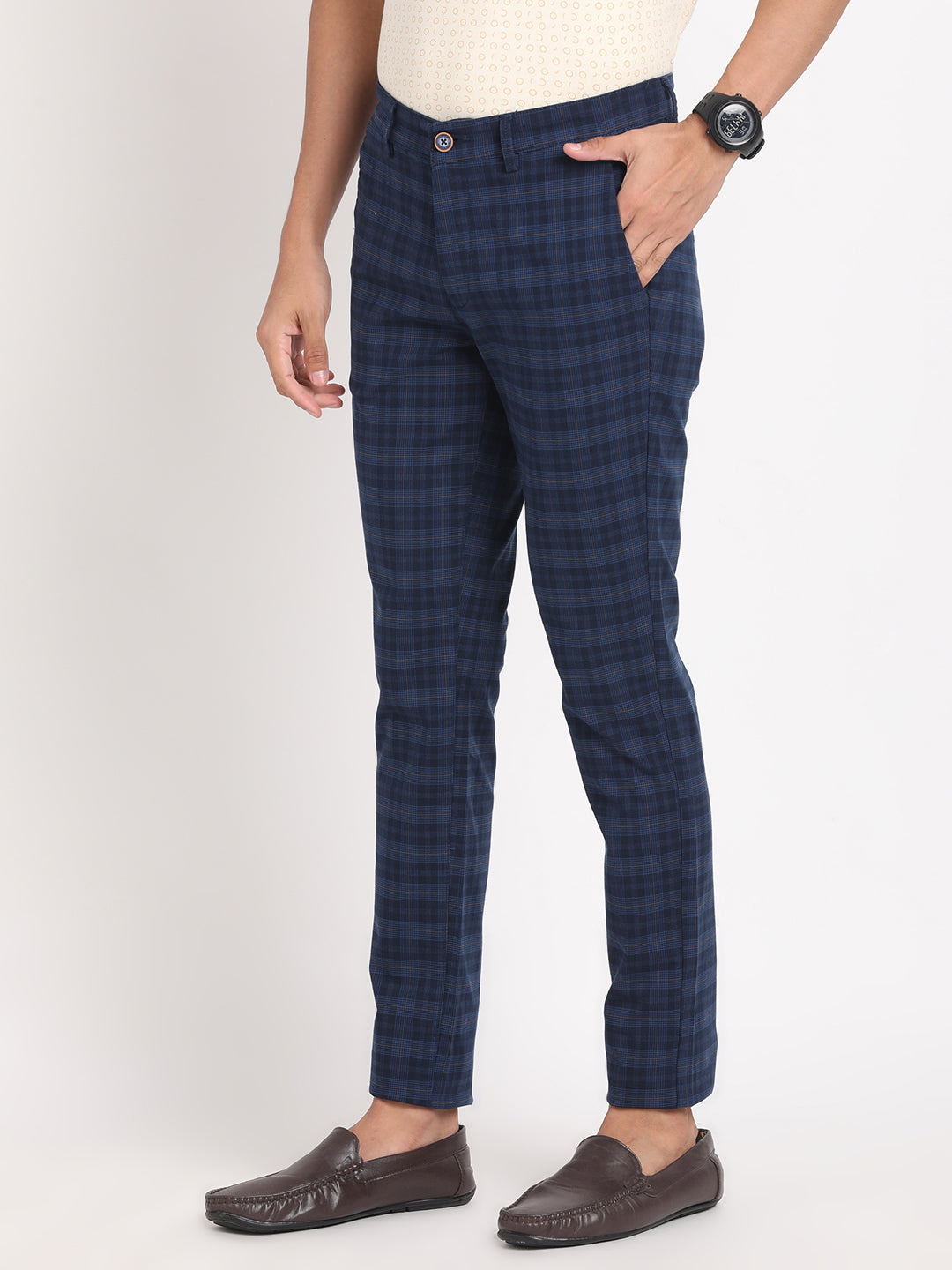 Cotton Stretch Blue Checkered Narrow Fit Flat Front Casual Trouser