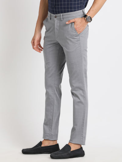 Cotton Stretch Steel Checkered Narrow Fit Flat Front Casual Trouser