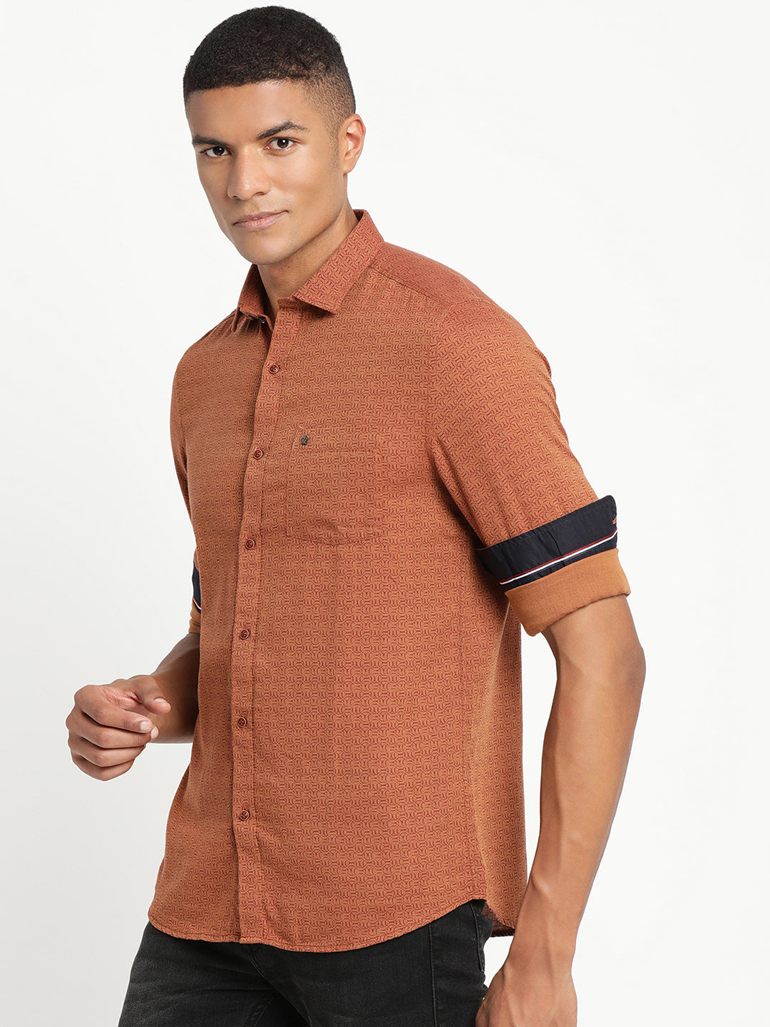 100% Cotton Orange Printed Slim Fit Full Sleeve Casual Shirt