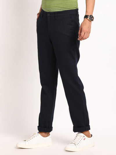Cotton Stretch Navy Dobby Ultra Slim Fit Flat Front Casual Trouser