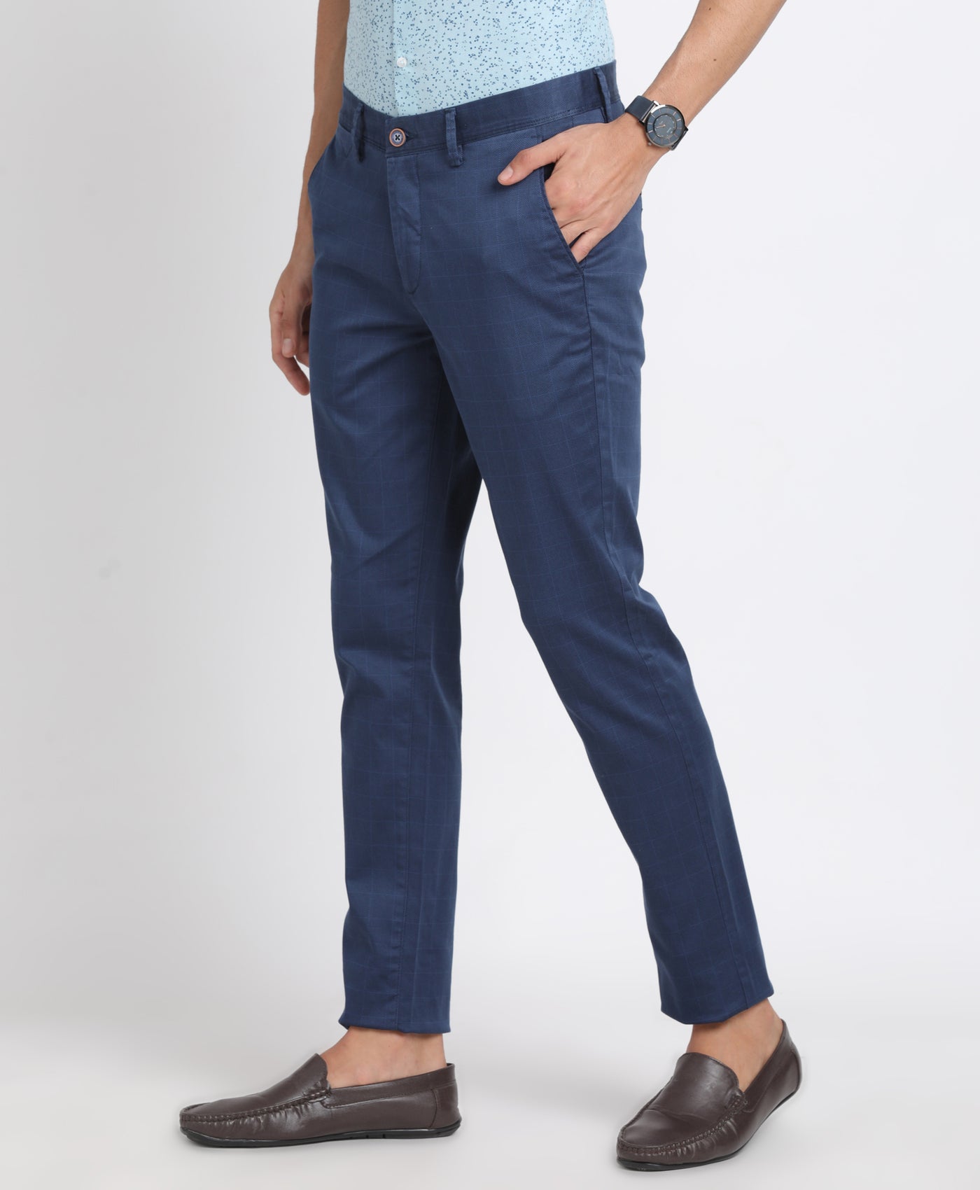 Cotton Stretch Blue Printed Narrow Fit Flat Front Casual Trouser