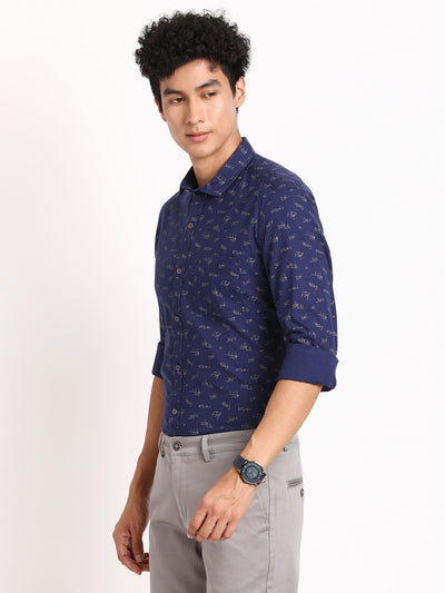 100% Cotton Navy Blue Printed Slim Fit Full Sleeve Casual Shirt